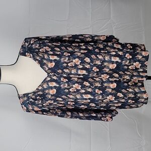Pleione Size M Blue, Cream, Tan and Salmon Abstract Leopard Print Blouse, EUC